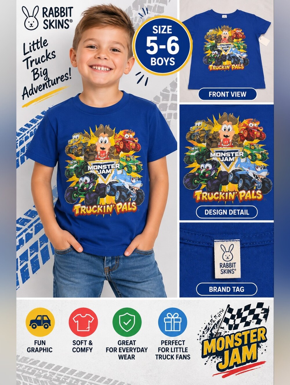 Rabbit Skins boys 5-6 blue monster jam shirt #05